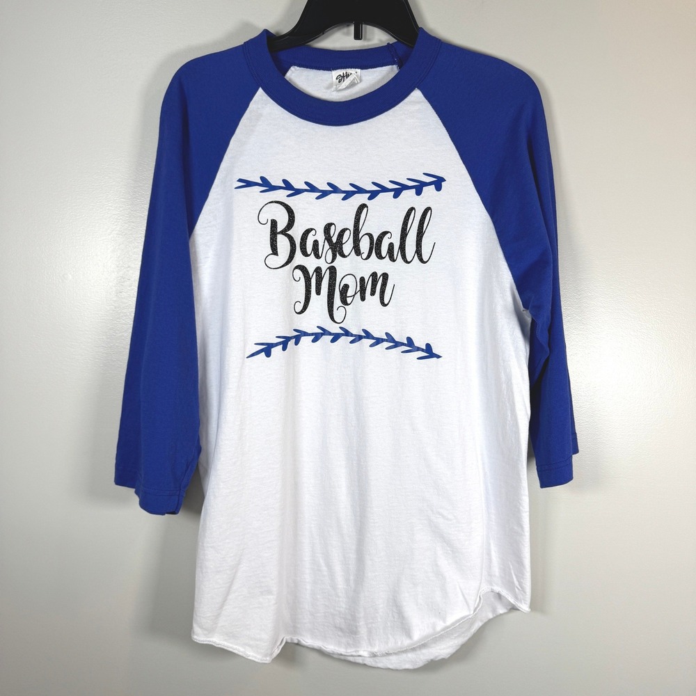 Shaka Active Baseball Mom Raglan Tee Blue White‎ 3/4 Sleeve Graphic Shirt Med